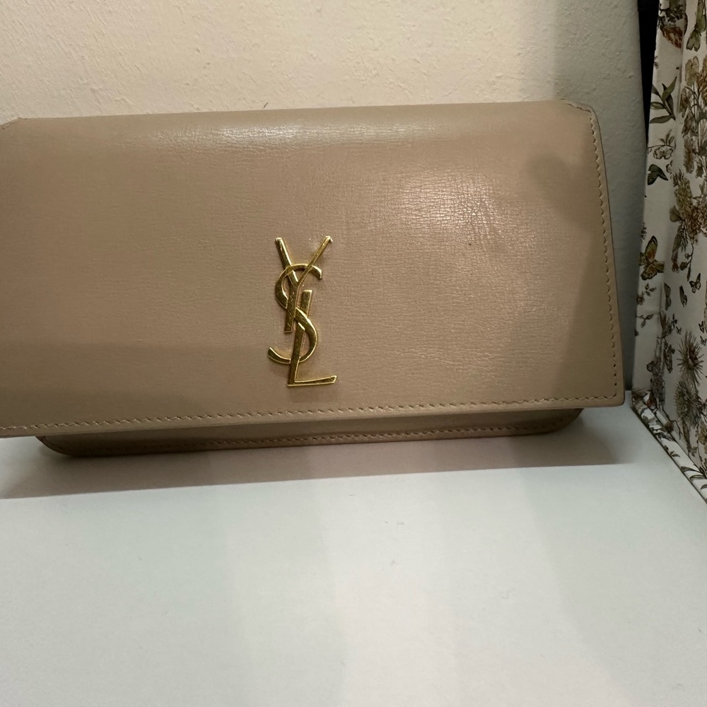 Yves Saint Laurent Taupe Leather Clutch with Gold Logo